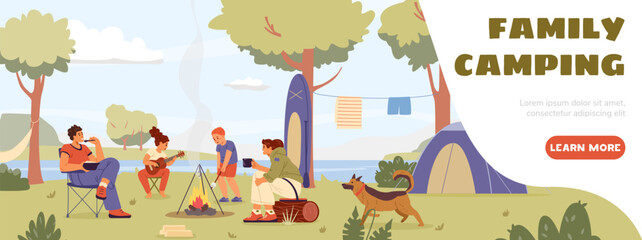 family camping horizontal banner with family at campsite flat vector illustration.