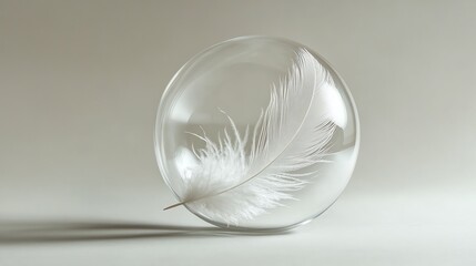 Wall Mural - A white feather resting against a transparent bubble on a blue background.