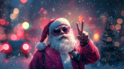 Wall Mural - Santa Claus with sunglasses, peace sign, illustration on a white background