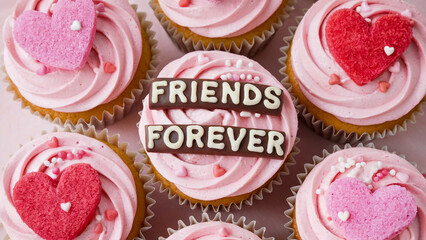 friends forever chocolate text and heart shaped sugar decorations on creamy cupcakes. friendship, va