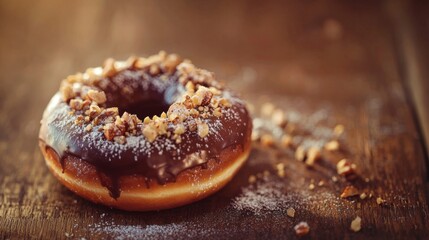 Wall Mural - Delicious Chocolate Donut with Nuts Sprinkles Powdered Sugar on Rustic Wood