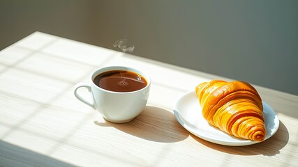 Wall Mural - Aromatic Coffee and Golden Croissant on a Sunny Morning