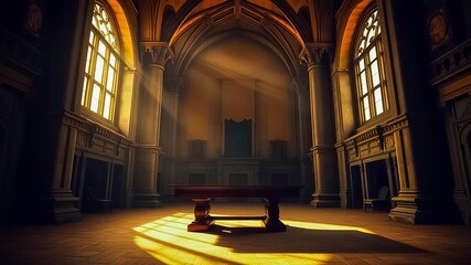 Wall Mural - Sunlit Hallway with Antique Table and Stone Columns