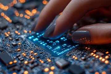 A hand is touching a computer chip