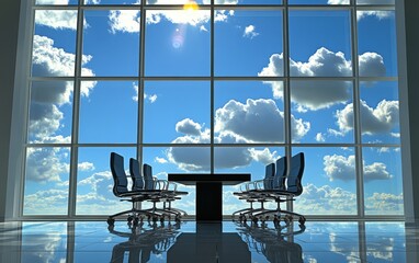 Wall Mural - Modern Conference Room with Glass Windows Reflecting a Bright Sky and Fluffy Clouds, Ideal for Business Meetings and Corporate Discussions, Showcasing an Inspiring Environment