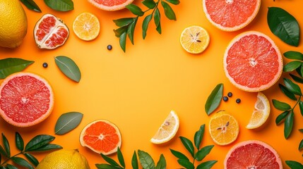 Canvas Print - Flat lay of citrus fruits and leaves on a yellow background