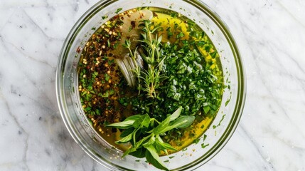 Wall Mural - A mixing bowl filled with bright green avocado oil and a variety of herbs and es ready to be used as a marinade.