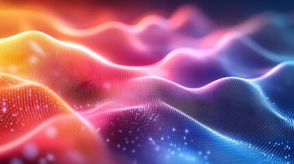 Wall Mural - abstract digital background with a glowing mesh and a gradient of pink, yellow, and blue.