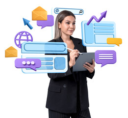 Wall Mural - businesswoman holding a tablet with colorful digital communication icons, isolated on white backgrou