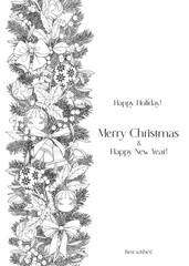  Christmas Vintage seamless pattern border with fir branches toys bows mistletoe. Black white Hand drawn linear elements. Vector background for design package holiday paper decor new year poster banner