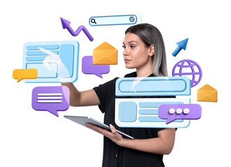 Wall Mural - woman using tablet, interacting with virtual interface elements, on white background. concept of com