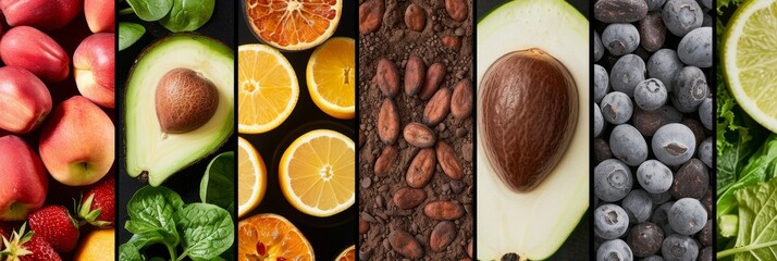 Wall Mural - A collage of various fruits and vegetables being coldpressed highlighting the unique benefits of each ingredient in cacao water.