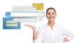 © ImageFlow - Smiling woman in white shirt showing web UI elements, including a search bar, windows, and cursor, on isolated white background. Internet concept