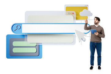 man holding a tablet and interacting with digital browser elements like a search bar, cloud, and cur