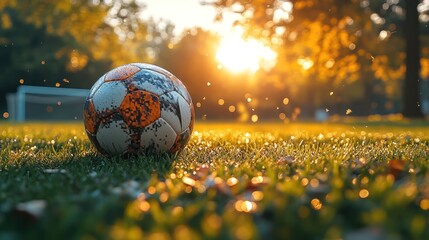 Wall Mural - Soccer ball on grass at sunset.