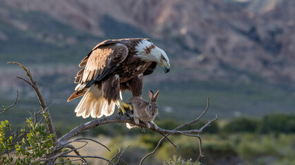 Wall Mural - Golden Eagle Perched on Branch with Prey Rabbit