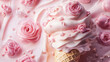 © Teeradej - Valentine ice cream cone. soft pink ice cream cone with delicate rose shaped swirls and petals sits on creamy pink background