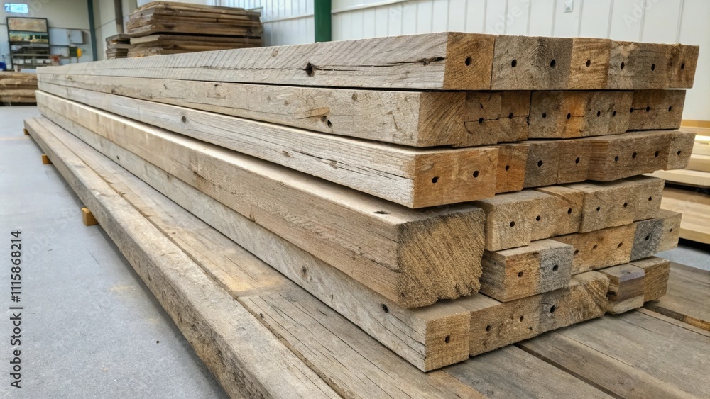 Reclaimed wood baseboards exhibiting rustic charm stacked unevenly ...