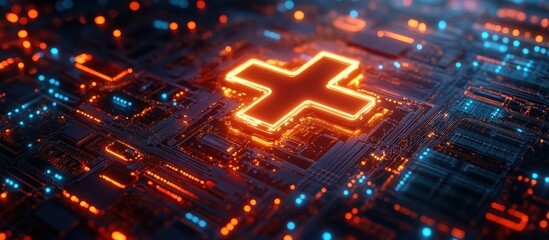 Wall Mural - futuristic circuit board with glowing orange cross symbol in a high-tech digital environment