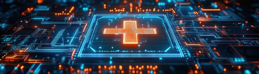 Wall Mural - futuristic digital circuit board with glowing medical cross symbolizing advanced healthcare technolo