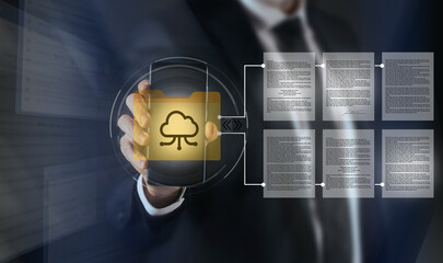 Wall Mural - Businessman sharing documents in cloud with smartphone. DMS Document management system tech concept
