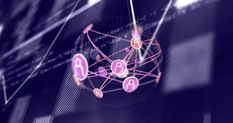 Network of connections and data processing image over computer code