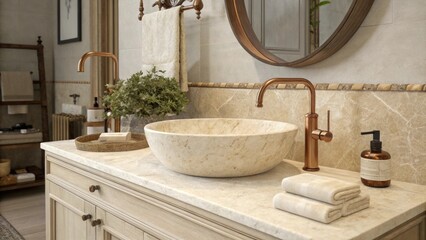 A serene bathroom scene highlighting a travertine sink set into a creamy marble countertop with rustic copper plumbing contrasting beautifully with the elegant surfaces.