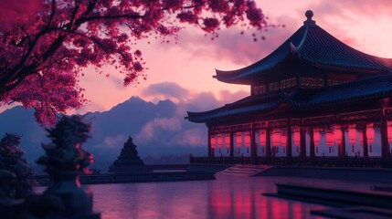 Wall Mural - Serene Asian Temple Sunset Pink Blossoms Mountains Lanterns