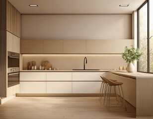 Wall Mural - modern kitchen interior with blank wall space 3d rendering