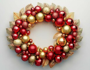 Poster - wreath of shiny red and gold christmas baubles arranged in a circular shape isolated on a white background concept of festive decoration 3d rendering