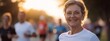 © 海翰 章 - Senior marathon runner smiling warmly among participants at sunset, embodying active aging, community bonding, and the perseverance of the human spirit.