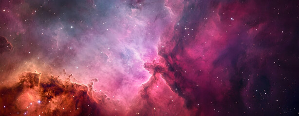 Wall Mural - outer space wallpaper. contemporary nebula panorama with pink and purple colors.