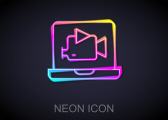 Wall Mural - Glowing neon line Online play video icon isolated on black background. Film strip with play sign. Vector