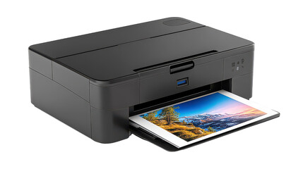 A modern printer showcasing a vibrant landscape print in a home office setting during daylight