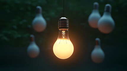 Wall Mural - One of Lightbulb glowing among shutdown light bulb in dark area with copy space for creative thinking , problem solving solution and outstanding concept by 3d rendering technique.