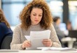 © warunthorn - Young Woman Concentrating on Documents in Modern Office Setting