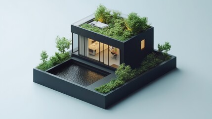 Wall Mural - Modern Green Roof House With Pool And Plants