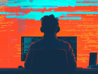 person working on futuristic computer interface with vibrant data visuals