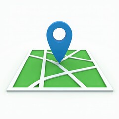 Wall Mural - a 3d illustration of a blue map marker on a simplified green map with white roads, symbolizing navig