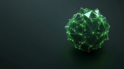 Abstract green glowing sphere with geometric lines and nodes on dark background.