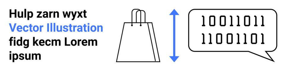 Binary code displayed in speech bubble next to shopping bag and placeholder text. Ideal for digital concepts, e-commerce, data communication, coding, shopping trends, online marketing, technology