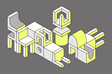 Wall Mural - isometric illustration, architectural shapes, urban scene, futuristic city, minimalist construction