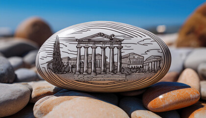 Wall Mural - A painted pebble depicting ancient Greek temple rests among other smooth stones on a beach.