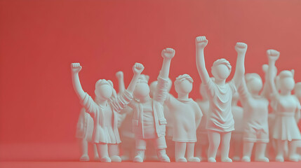 Sticker - 3D Group of friends high fiving plain red background with copy space concept as A joyful group of friends high fiving set against a plain red background. The moment captures excitement teamwork and co