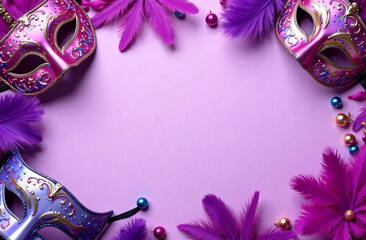 Mardi gras. Purple festive background, feathers, masks, colored beads.