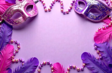 Mardi gras. Purple festive background, feathers, masks, colored beads.