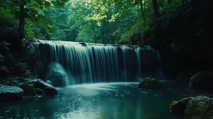 Wall Mural - A serene waterfall cascading into a tranquil pool surrounded by lush greenery.