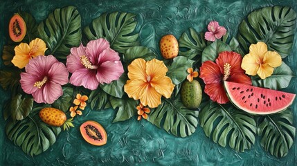 Wall Mural - Colorful tropical flowers and fruits arranged on a vibrant green background showcasing nature's beauty