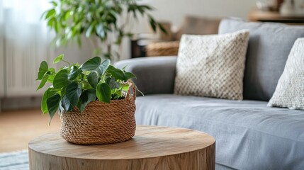 Wall Mural - Plant in a Basket on a Wooden Coffee Table in a Living Room