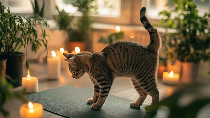 Canvas Print - A cat explores a yoga mat surrounded by plants and candles in a serene indoor setting.